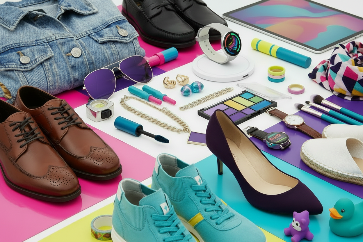 Crées moi une image de mon store shopify qui vend divers produits : vetements, bijoux, ectronique, maquillage, bricolgae...